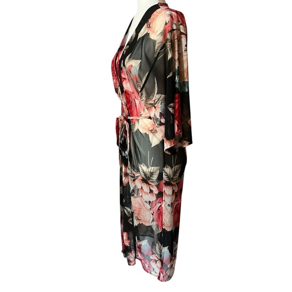MONTEAU Size Small Black Red Floral Roses Sheer Kimono Boho Robe - Picture 5 of 6